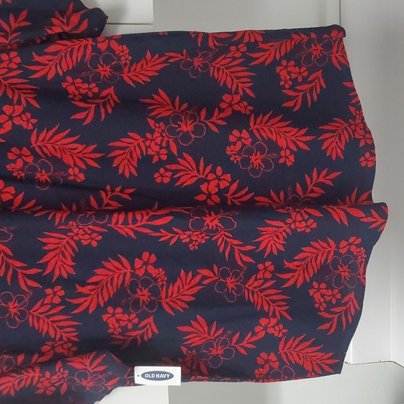 Old Navy Button Down Mens XL Red Navy Blue Hawaiian Style NWT Casual Flex Shirt - Picture 12 of 12